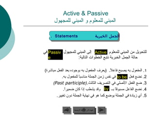 ‫‪Active  Passive‬‬
      ‫المبني للمعلوم و المبني للمجهول‬

  ‫‪A. Statements‬‬
  ‫‪A. Statements‬‬                                      ‫الجمل الخبرية‬
                                                      ‫الجمل الخبرية‬


‫للتحويل من المبني للمعلوم ‪ Active‬إلى المبني للمجهول ‪ Passiv‬في‬
   ‫‪e‬‬               ‫حالة الجمل الخبرية نتبع الخطوات التالية:‬

‫1 . المفعول به يصبح فاعال. )يعرف المفعول به بوجوده بعد الفعل مباشرة(‬
                                             ‫ ً‬
            ‫2 . نضع فعل ‪ to be‬في نفس زمن الجملة مناسبا للمفعول به.‬
                        ‫ ً‬
     ‫3. ضع الفعل اللصلي في التصريف الثالث.)‪(Past participle‬‬
             ‫4 . نضع الفاعل مسبوقا بــ ‪ by‬وقد يشطب إذا كا ن ضميرا.‬
              ‫ ً‬                                ‫ ً‬
        ‫5 . أي زيادة في الجملة يوضع كما هو في نهاية الجملة دو ن تغيير.‬


             ‫السابق‬    ‫عودة إلى القائمة الرئيسية‬       ‫التالي‬
              ‫السابق‬     ‫عودة إلى القائمة الرئيسية‬      ‫التالي‬
 