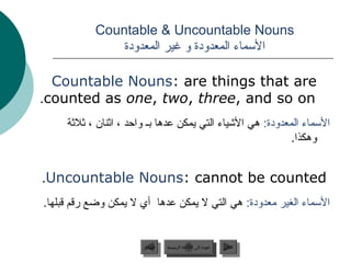 ‫‪Countable  Uncountable Nouns‬‬
                ‫السماء المعدودة و غير المعدودة‬

  ‫‪Countable Nouns: are things that are‬‬
‫‪.counted as one, two, three, and so on‬‬
     ‫السماء المعدودة: هي الشياء التي يمكن عدها جبـ واظحد ، اةثنان ، ةثلةثة‬
                                                                 ‫وهكذا.‬


‫‪.Uncountable Nouns: cannot be counted‬‬
‫السماء الغير معدودة: هي التي ل يمكن عدها أي ل يمكن وضع رقم قبلها.‬


                         ‫السابق‬    ‫عودة إلى القائمة الرئيسية‬     ‫التالي‬
                          ‫السابق‬     ‫عودة إلى القائمة الرئيسية‬    ‫التالي‬
 