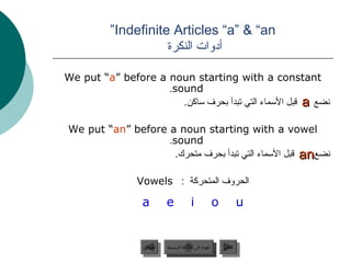‫‪”Indefinite Articles “a”  “an‬‬
                     ‫أدوات النكرة‬

‫‪We put “a” before a noun starting with a constant‬‬
                    ‫‪.sound‬‬
                       ‫جنضع ‪ a‬قبل السماء التي تبدأ جبحر ف ساكن.‬

‫‪We put “an” before a noun starting with a vowel‬‬
                   ‫‪.sound‬‬
                     ‫جنضع‪ an‬قبل السماء التي تبدأ جبحر ف متحرك.‬

                 ‫الحرو ف المتحركة : ‪Vowels‬‬

                  ‫‪a‬‬         ‫‪e‬‬             ‫‪i‬‬           ‫‪o‬‬             ‫‪u‬‬


                  ‫السابق‬    ‫عودة إلى القائمة الرئيسية‬     ‫التالي‬
                   ‫السابق‬     ‫عودة إلى القائمة الرئيسية‬    ‫التالي‬
 