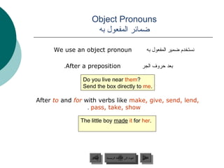 Object Pronouns
                    ‫ضمائر المفعول به‬

      We use an object pronoun                                ‫نستخدم ضمير المفعول به‬

         .After a preposition                              ‫بعد حروف الجر‬

                Do you live near them?
                Send the box directly to me.

After to and for with verbs like make, give, send, lend,
                  . pass, take, show

               The little boy made it for her.




                   ‫السابق‬    ‫عودة إلى القائمة الرئيسية‬     ‫التالي‬
                    ‫السابق‬     ‫عودة إلى القائمة الرئيسية‬    ‫التالي‬
 