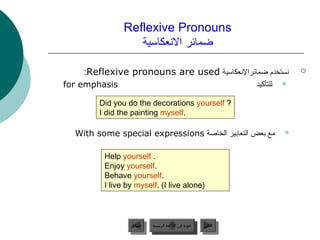 Reflexive Pronouns
                  ‫ضمائر النعكامسية‬

    :Reflexive pronouns are used ‫نستخدم ضمائرالنعكامسية‬                          

for emphasis                                                       ‫للتأكيد‬   


        Did you do the decorations yourself ?
        I did the painting myself.

  With some special expressions ‫مع بعض التعابير الخاصة‬                       



         Help yourself .
         Enjoy yourself.
         Behave yourself.
         I live by myself. (I live alone)



                 ‫السابق‬    ‫عودة إلى القائمة الرئيسية‬     ‫التالي‬
                  ‫السابق‬     ‫عودة إلى القائمة الرئيسية‬    ‫التالي‬
 