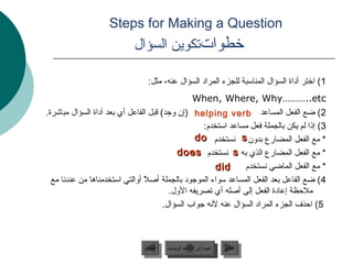 ‫‪Steps for Making a Question‬‬
                                   ‫تخطواتلبق “لأ” فيرعتلا ةادأ مدختستكوين السؤال‬

                                         ‫1( اتختر أداة السؤال المنامسبة للجزء المراد السؤال عنه، مثل:‬
                                                               ‫‪When, Where, Why………..etc‬‬
‫2( ضع الفعل المساعد ‪( helping verb‬إن وجد( قبل الفاعل أي بعد أداة السؤال مباشرة.‬
                                                   ‫3( إذا لم يكن بالجملة فعل مساعد امستخدم:‬
                                                 ‫* مع الفعل المضارع بدون ‪ s‬نستخدم ‪do‬‬
                                           ‫* مع الفعل المضارع الذي به ‪ s‬نستخدم ‪does‬‬
                                                                                 ‫‪did‬‬     ‫* مع الفعل الماضي نستخدم‬
  ‫4 ( ضع الفاعل بعد الفعل المساعد مسواء الموجود بالجملة أصل أوالتي امستخدمناها من عندنا مع‬
                                 ‫ ً‬
                                         ‫ملحظة إعادة الفعل إلى أصله أي لبق “لأ” فيرعتلا ةادأ مدختستصريفه الول.‬
                                       ‫5( احذف الجزء المراد السؤال عنه لنه جواب السؤال.‬



                                       ‫السابق‬    ‫عودة إلى القائمة الرئيسية‬     ‫التالي‬
                                        ‫السابق‬     ‫عودة إلى القائمة الرئيسية‬    ‫التالي‬
 
