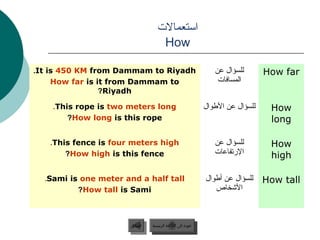 ‫امستعمالت‬
                                    How

.It is 450 KM from Dammam to Riyadh                              ‫للسؤال عن‬                              How far
     How far is it from Dammam to                                 ‫المسافات‬
                 ?Riyadh

    .This rope is two meters long                             ‫للسؤال عن الطوال‬                           How
        ?How long is this rope                                                                           long

   .This fence is four meters high                               ‫للسؤال عن‬                               How
       ?How high is this fence                                   ‫الرلبق “لأ” فيرعتلا ةادأ مدختستفاعات‬    high

  .Sami is one meter and a half tall                          ‫للسؤال عن أطوال‬                           How tall
          ?How tall is Sami                                      ‫الشخاص‬



                      ‫السابق‬    ‫عودة إلى القائمة الرئيسية‬
                       ‫السابق‬     ‫عودة إلى القائمة الرئيسية‬
 