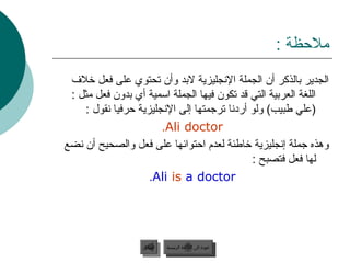 ‫ملظحظة :‬
 ‫الجدير جبالذكر أن الجملة الجنجليزية لجبد وأن تحتوي على فعل خل ف‬
 ‫اللغة العرجبية التي قد تكون فيها الجملة اسمية أي جبدون فعل مثل :‬
     ‫)علي طبيب( ولو أردجنا ترجمتها إلى الجنجليزية ظحرفيا جنقول :‬
                          ‫‪.Ali doctor‬‬
‫وهذه جملة إجنجليزية خاطئة لعدم اظحتوائها على فعل والصحيح أن جنضع‬
                                                  ‫لها فعل فتصبح :‬
                       ‫‪.Ali is a doctor‬‬




                   ‫السابق‬    ‫عودة إلى القائمة الرئيسية‬
                    ‫السابق‬     ‫عودة إلى القائمة الرئيسية‬
 