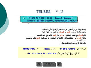 ‫‪TENSES‬‬                                   ‫المزمنة‬
‫.3‬     ‫‪Future Simple Tense‬‬                             ‫المستقبل البسيط‬
      ‫)? ‪(What will happen tomorrow, next week, in the future‬‬
     ‫.3‬

                          ‫يستخدم هذا الزمن للتعبير عن حدث متوقع حدوثه في المستقبل.‬
                         ‫يتكون هذا الزمن من ‪ will‬او ‪ shall‬ثم التصريف الول للفعل.‬
                  ‫تأتي‪ shall‬مع ضمير المتكلم ‪ I‬و‪ we‬أما ‪ will‬فتأتي مع باقي الضمائر.‬
     ‫ولكن ‪ shall‬ندر استخدامها في النجليزية الحديثة وقد حلت كلمة ‪ will‬بدلها مع جميع‬
                                                                       ‫الضمائر.‬
                                                   ‫يأتي هذا الزمن عادة مع كلمات مثل:‬

‫غدا ‪tomorrow‬‬
         ‫ن ً‬                   ‫القادم ‪next‬‬                       ‫في المستقبل ‪in the future‬‬

      ‫أو أي تاريخ في الماضي مثل ‪: in 2010 AD, in 1430 AH‬‬



                   ‫السابق‬    ‫عودة إلى القائمة الرئيسية‬       ‫التالي‬
                    ‫السابق‬     ‫عودة إلى القائمة الرئيسية‬      ‫التالي‬
 