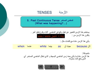‫‪TENSES‬‬                                        ‫المزمنة‬

         ‫الماضي المستمر ‪5. Past Continuous Tense‬‬
          ‫الماضي المستمر ‪5. Past Continuous Tense‬‬
               ‫)) … ?‪(What was happening‬‬
                ‫… ?‪(What was happening‬‬


                ‫يستخدم هذا الزمن للتعبير عن فعل وقع في الماضي أثناء وقوع فعل أتخر .‬
                         ‫‪+ + ing‬فعل ‪was / were‬‬                ‫يتكون هذا الزمن من :‬

                                                                            ‫يألبق “لأ” فيرعتلا ةادأ مدختستي هذا الزمن عادة مع كلمات مثل :‬

‫‪when‬‬     ‫عندما‬                    ‫بينما ‪while‬‬                              ‫‪as‬‬         ‫حيث أن‬                  ‫لن ‪because‬‬

                                                                                                                            ‫ملحوظة:‬
   ‫هذا الزمن عادة ما يألبق “لأ” فيرعتلا ةادأ مدختستي معه مزمن الماضي البسيط و الذي لبق “لأ” فيرعتلا ةادأ مدختستخلل الماضي المستمر أي‬
                                                                                ‫الذي وقع أثناء حدوثه.‬


                                ‫السابق‬       ‫عودة إلى القائمة الرئيسية‬      ‫التالي‬
                                 ‫السابق‬        ‫عودة إلى القائمة الرئيسية‬     ‫التالي‬
 