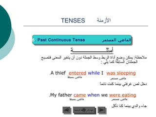 ‫‪TENSES‬‬                                     ‫المزمنة‬


‫‪5. Past Continuous Tense‬‬
 ‫‪5. Past Continuous Tense‬‬                                      ‫الماضي المستمر‬
                                                                ‫الماضي المستمر‬

                           ‫أمثلــــــــــــــــــــــة‬
    ‫ملحظة: يمكن وضع أداة الربط ومسط الجملة دون أن يتغير المعنى فتصبح‬
                                          ‫الجملتان السابقة كما يلي :‬

        ‫‪.A thief entered while I was sleeping‬‬
                     ‫ماضي بسيط‬                                        ‫ماضي مستمر‬

                                                            ‫ ً‬
                                                            ‫دتخل لص غرفتي بينما كنت نائما‬

        ‫‪.My father came when we were eating‬‬
                       ‫ماضي بسيط‬                                      ‫ماضي مستمر‬

                                                                      ‫جاء والدي بينما كنا نأكل‬
                 ‫السابق‬      ‫عودة إلى القائمة الرئيسية‬      ‫التالي‬
                  ‫السابق‬       ‫عودة إلى القائمة الرئيسية‬     ‫التالي‬
 