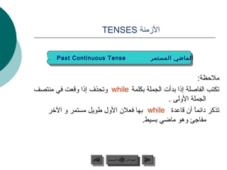 ‫المزمنة ‪TENSES‬‬


       ‫‪5. Past Continuous Tense‬‬
        ‫‪5. Past Continuous Tense‬‬                                                   ‫الماضي المستمر‬
                                                                                    ‫الماضي المستمر‬


                                                                                     ‫ملحظة:‬
‫لبق “لأ” فيرعتلا ةادأ مدختستكتب الفاصلة إذا بدأت الجملة بكلمة ‪ while‬ولبق “لأ” فيرعتلا ةادأ مدختستحذف إذا وقعت في منتصف‬
                                                                       ‫الجملة الولى .‬
   ‫لبق “لأ” فيرعتلا ةادأ مدختستذكر دائما أن قاعدة ‪ while‬بها فعلن الول طويل مستمر و التخر‬
                                                                                  ‫ ً‬
                                                             ‫مفاجئ وهو ماضي بسيط.‬



                                     ‫السابق‬     ‫عودة إلى القائمة الرئيسية‬     ‫التالي‬
                                      ‫السابق‬      ‫عودة إلى القائمة الرئيسية‬    ‫التالي‬
 