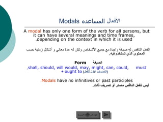 ‫الفعال المساعده ‪Modals‬‬
‫‪A modal has only one form of the verb for all persons, but‬‬
   ‫,‪it can have several meanings and time frames‬‬
     ‫‪.depending on the context in which it is used‬‬

 ‫الفعل الناقص له صيغة واحدة مع جميع الشخاص ولكن له عدة معاني و أشكال مزمنية حسب‬
                                                                      ‫المحتوى الذي تستخدم فيه.‬

                          ‫‪Form‬‬                           ‫الصيغة‬
 ‫,‪,shall, should, will would, may, might, can, could‬‬                                    ‫‪must‬‬
                   ‫(التصريف الول للفعلعفلل لوألا فيرصتلا) ‪+ ought to‬‬

          ‫‪.Modals have no infinitives or past participles‬‬
                                    ‫ليس للفعل الناقص مصدر أو تصريف ثالث.‬




                                  ‫عودة إلى القائمة الرئيسية‬     ‫التالي‬
                                    ‫عودة إلى القائمة الرئيسية‬    ‫التالي‬
 