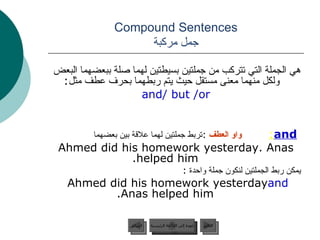 Compound Sentences جمل مركبة هي الجملة التي تتركب من جملتين بسيطتين لهما صلة ببعضهما البعض ولكل منهما معنى مستقل حيث يتم ربطهما بحرف عطف مثل :  and/ but /or and :   واو العطف   : تربط جملتين لهما علاقة بين بعضهما   Ahmed did his homework yesterday. Anas helped him. يمكن ربط الجملتين لنكون جملة واحدة  : Ahmed did his homework yesterday  and  Anas helped him. عودة إلى القائمة الرئيسية عودة إلى القائمة الرئيسية التالي السابق 