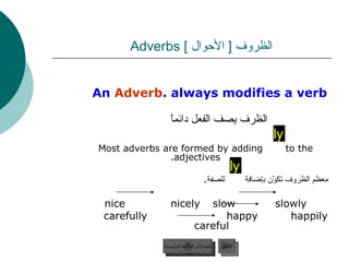 الظروف  [   الأحوال   ]  Adverbs  An   Adverb  always modifies a verb.   الظرف يصف الفعل دائماً Most adverbs are formed by adding  to the adjectives. معظم الظروف تكوّن بإضافة  للصفة . slowly   slow nicely  nice happily   happy carefully   careful  عودة إلى القائمة الرئيسية التالي ly  ly عودة إلى القائمة الرئيسية 