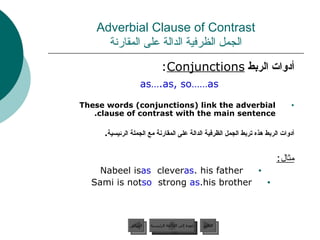 Adverbial Clause of Contrast الجمل الظرفية الدالة على المقارنة أدوات الربط  Conjunctions :  as….as, so……as These words (conjunctions) link the adverbial clause of contrast with the main sentence. أدوات الربط هذه تربط الجمل الظرفية الدالة على المقارنة مع الجملة الرئيسية .  مثال : Nabeel is  as  clever  as  his father. Sami is not  so  strong  as  his brother. عودة إلى القائمة الرئيسية عودة إلى القائمة الرئيسية التالي السابق 