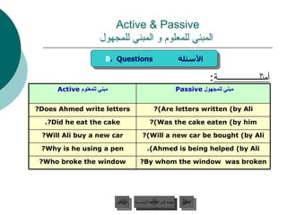 Active & Passive   المبني للمعلوم و المبني للمجهول أمثلـــــــــــــــــــة : B .  Questions  الأسئلة عودة إلى القائمة الرئيسية عودة إلى القائمة الرئيسية التالي السابق Was the cake eaten (by him)? Did he eat the cake?. Will a new car be bought (by Ali)? Will Ali buy a new car? Ahmed is being helped (by Ali). Why is he using a pen? By whom the window  was broken? Who broke the window? Are letters written (by Ali)? Does Ahmed write letters? مبني للمجهول   Passive   مبني للمعلوم  Active 