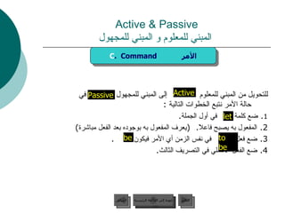 Active & Passive   المبني للمعلوم و المبني للمجهول للتحويل من المبني للمعلوم  إلى المبني للمجهول  في حالة الأمر نتبع الخطوات التالية  :  1 .  ضع كلمة  في أول الجملة .  2.  المفعول به يصبح فاعلاً .  ( يعرف المفعول به بوجوده بعد الفعل مباشرة ) 3.  ضع فعل  في نفس الزمن أي الأمر فيكون  . 4.  ضع الفعل الأصلي في التصريف الثالث . be Active to be Passive C .  Command  الأمر let عودة إلى القائمة الرئيسية عودة إلى القائمة الرئيسية التالي السابق 
