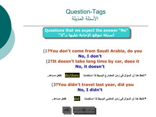 1)  You don’t come from Saudi Arabia, do you? No, I don’t . 2)  It doesn’t take long time by car, does it? No, it doesn’t . * لاحظ هنا أن السؤال في زمن المضارع البسيط لذا استخدمنا  كفعل مساعد . 3)  You didn’t travel last year, did you? No, I didn’t . * لاحظ هنا أن السؤال في زمن الماضي البسيط لذا استخدمنا  كفعل مساعد . Question-Tags   الأسئلة المذيلة عودة إلى القائمة الرئيسية السابق did do/does Questions that we expect the answer “No” أسئلة نتوقع الإجابة عليها بـ“لا“ عودة إلى القائمة الرئيسية 