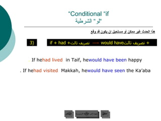 Conditional “if” ” لو“ الشرطية If he  had lived  in Taif, he  would have been   happy . If he  had visited  Makkah, he  would have seen  the Ka’aba . عودة إلى القائمة الرئيسية هذا الحدث غير ممكن أو مستحيل  ان يكون قد وقع عودة إلى القائمة الرئيسية التالي السابق if + had + تصريف ثالث  would have تصريف ثالث  +   3)   