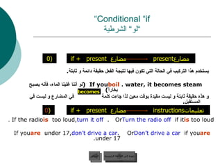 Conditional “if” ” لو“ الشرطية يستخدم هذا التركيب في الحالة التي تكون فيها نتيجة الفعل حقيقة دائمة و ثابتة . If you  boil  water, it becomes steam.  ( لو أننا غلينا الماء، فأنه يصبح بخاراً ) و هذه حقيقة ثابتة و ليست مقيدة بوقت معين لذا جاءت كلمة  في المضارع و ليست في المستقبل . عودة إلى القائمة الرئيسية السابق If the radio  is  too loud,  turn it off .  Or  Turn the radio off  if it  is  too loud . If you  are  under 17,  don’t drive a car.   Or  Don’t drive a car  if you  are  under 17. becomes عودة إلى القائمة الرئيسية if +   present  مضارع   present مضارع   0)   if +   present  مضارع   instructions تعليمات   0 )   