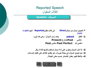 Reported Speech الكلام المنقول *  لتحويل سؤال من مباشر  إلى كلام منقول  نتبع  الخطوات التالية : 1-  الفعل  asked   يحدد زمن السؤال ، وهي كما يلي :      ماضي  Past مضارع  Present    ماضي تام  Past Perfect  ماضي   Past  2-  إذا كان السؤال يحتوي على أداة سؤال تستخدم نفسها كأداة ربط . 3-  يتم تحويل السؤال إلى جملة خبرية و هو بتقديم الفاعل على الفعل المساعد . 4-  يلاحظ تغيير بعض الضمائر حسب معنى الجملة . Question   السؤال  Direct Reported عودة إلى القائمة الرئيسية عودة إلى القائمة الرئيسية التالي السابق 