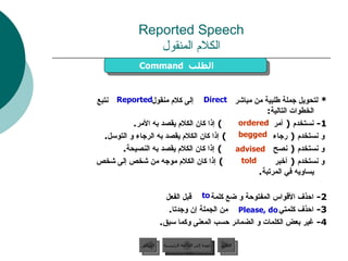 Reported Speech الكلام المنقول *  لتحويل جملة طلبية من مباشر  إلى كلام منقول  نتبع الخطوات التالية : 1-  نستخدم  (  أمر  )  إذا كان الكلام يقصد به الأمر . و نستخدم  (  رجاء  )  إذا كان الكلام يقصد به الرجاء و التوسل . و نستخدم  (  نصح  )  إذا كان الكلام يقصد به النصيحة . و نستخدم  (  أخبر  )  إذا كان الكلام موجه من شخص إلى شخص يساويه في المرتبة .  2-  احذف الأقواس المفتوحة و ضع كلمة  قبل الفعل 3-  احذف كلمتي  من الجملة إن وجدتا . 4-  غير بعض الكلمات و الضمائر حسب المعنى وكما سبق . I I Command   الطلب  Direct Reported ordered begged advised told to Please, do عودة إلى القائمة الرئيسية عودة إلى القائمة الرئيسية التالي السابق 