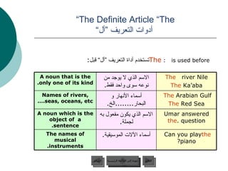 The Definite Article “The”   أدوات التعريف ”أل“ The   is used before:  تستخدم أداة التعريف ”أل“ قبل :   عودة إلى القائمة الرئيسية عودة إلى القائمة الرئيسية التالي السابق Can you play  the  piano? أسماء الآلات الموسيقية . The names of musical instruments. Umar answered  the  question. الاسم الذي يكون مفعول به لجملة . A noun which is the object of  a sentence. The  Arabian Gulf  The  Red Sea أسماء الأنهار و البحار ........ الخ . Names of rivers, seas, oceans, etc…. The  river Nile  The  Ka’aba الاسم الذي لا يوجد من نوعه سوى واحد فقط . A noun that is the only one of its kind.  