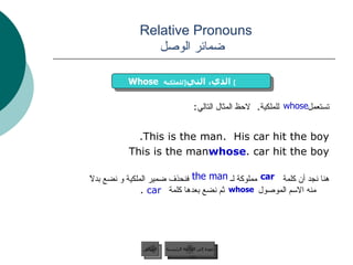 Relative Pronouns    ضمائر الوصل تستعمل  للملكية .  لاحظ المثال التالي :   This is the man.  His car hit the boy. This is the man  whose  car hit the boy. هنا نجد أن كلمة  مملوكة لـ  فنحذف ضمير الملكية و نضع بدلاً منه الاسم الموصول  ثم نضع بعدها كلمة  car  . عودة إلى القائمة الرئيسية السابق whose Whose   الذي، التي  [ للملكية ]   whose car   the man عودة إلى القائمة الرئيسية 