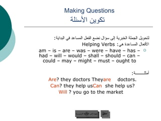 Making Questions    تكوين الأسئلة لتحويل الجملة الخبرية إلى سؤال نضع الفعل المساعد في البداية :  الأفعال المساعدة هي :  Helping Verbs am – is – are – was – were – have – has – had – will – would – shall – should – can – could – may – might – must – ought to أمثلـــــــــة : They  are  doctors.  Are  they doctors? Can  she help us?  Can  they help us?   Will  you go to the market?  عودة إلى القائمة الرئيسية التالي عودة إلى القائمة الرئيسية 