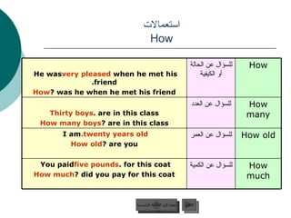 استعمالات  How  عودة إلى القائمة الرئيسية التالي عودة إلى القائمة الرئيسية How much للسؤال عن الكمية You paid  five pounds  for this coat. How much  did you pay for this coat? How old للسؤال عن العمر I am  twenty years old. How old  are you? How many للسؤال عن العدد Thirty boys  are in this class. How many boys  are in this class? How للسؤال عن الحالة أو الكيفية He was  very pleased  when he met his friend. How  was he when he met his friend? 