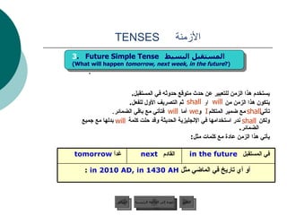 الأزمنة   TENSES يستخدم هذا الزمن للتعبير عن حدث متوقع حدوثه في المستقبل . يتكون هذا الزمن من   او  ثم التصريف الأول للفعل .   تأتي   مع ضمير المتكلم   و   أما   فتأتي مع باقي الضمائر . ولكن   ندر استخدامها في الإنجليزية الحديثة وقد حلت كلمة   بدلها مع جميع الضمائر .  يأتي هذا الزمن عادة مع كلمات مثل : 3 .  shall  will shall we  I will shall will 3 .  Future Simple Tense   المستقبل البسيط  (What will happen  tomorrow, next week, in the future ?) عودة إلى القائمة الرئيسية أو أي تاريخ في الماضي مثل  in 2010 AD, in 1430 AH  :  في المستقبل  in the future   القادم   next  غداً   tomorrow  عودة إلى القائمة الرئيسية التالي السابق 