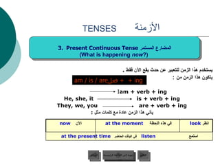 الأزمنة  TENSES يستخدم هذا الزمن للتعبير عن حدث يقع الآن فقط  . يتكون هذا الزمن من   : I  am + verb + ing He, she, it  is + verb + ing They, we, you  are + verb + ing يأتي هذا الزمن عادة مع كلمات مثل  : am / is / are فعل  +   + ing  Present Continuous Tense  المضارع المستمر (What is happening  now ?)   عودة إلى القائمة الرئيسية استمع   listen  في الوقت الحاضر  at the present time   انظر   look  في هذه اللحظة   at the moment   الآن   now عودة إلى القائمة الرئيسية التالي السابق 