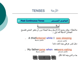 الأزمنة   TENSES أمثلــــــــــــــــــــــة ملاحظة :  يمكن وضع أداة الربط وسط الجملة دون أن يتغير المعنى فتصبح الجملتان السابقة كما يلي  : A thief  entered   while   I   was sleeping  . دخل لص غرفتي بينما كنت نائماً  My father  came   when  we  were eating  . جاء والدي بينما كنا نأكل ماضي مستمر ماضي بسيط ماضي بسيط ماضي مستمر 5 . Past Continuous Tense  الماضي المستمر عودة إلى القائمة الرئيسية عودة إلى القائمة الرئيسية التالي السابق 