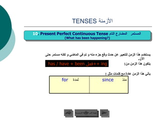 الأزمنة  TENSES  يستخدم هذا الزمن للتعبير عن حدث وقع جزء منه و تم في الماضي و لكنه مستمر حتى الآن .  يتكون هذا الزمن من : يأتي هذا الزمن عادة مع كلمات مثل  : has / have + been  فعل + + ing I I 10 . Present Perfect Continuous Tense  المستمر   المضارع التام   (What has been happening?) عودة إلى القائمة الرئيسية عودة إلى القائمة الرئيسية التالي السابق منذ  since   لمدة  for   