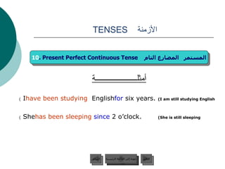 الأزمنة  TENSES  أمثلــــــــــــــــــــــة I  have been studying  English  for  six years.   (I   am still studying English ) She  has been sleeping   since   2 o’clock.   (She is still sleeping ) 10 . Present Perfect Continuous Tense  المستمر   المضارع التام عودة إلى القائمة الرئيسية عودة إلى القائمة الرئيسية التالي السابق 