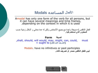 الأفعال  المساعده   Modals A  modal  has only one form of the verb for all persons, but it can have several meanings and time frames, depending on the context in which it is used. الفعل الناقص له صيغة واحدة مع جميع الأشخاص ولكن له عدة معاني و أشكال زمنية حسب   المحتوى الذي تستخدم فيه . الصيغة   Form   shall, should, will would, may, might, can, could,  must,  ( التصريف الأول للفعل )   ought to +  Modals  have no infinitives or past participles. ليس للفعل الناقص مصدر أو تصريف ثالث . عودة إلى القائمة الرئيسية التالي عودة إلى القائمة الرئيسية 