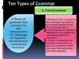 Ten Types of Grammar
                  9. Transformational


   A theory of       the term 'rule' is used not
 grammar that        for a precept set down by
  accounts for       an external authority but
                     for a principle that is
       the
                     unconsciously yet regularly
 constructions       followed in the production
 of a language       and interpretation of
  by linguistic      sentences.
transformation       A rule is a direction for
                     forming a sentence or a
 s and phrase
                     part of a sentence, which
   structures.       has been internalized by
                     the native speaker.
 