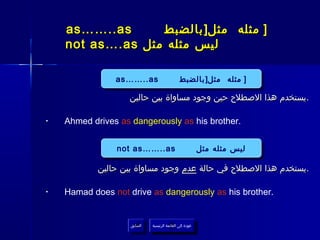 ‫‪as……..as‬‬      ‫] مثله مثل] بالضبط‬
    ‫ليس مثله مثل ‪not as….as‬‬

                ‫‪as……..as‬‬
                 ‫‪as……..as‬‬                      ‫] ] مثله مثل] بالضبط‬
                                               ‫مثله مثل] بالضبط‬
                   ‫.يستخدم هذا الصطلح حين وجود مساواة بين حالين‬

‫•‬   ‫.‪Ahmed drives as dangerously as his brother‬‬


                ‫‪not as……..as‬‬
                 ‫‪not as……..as‬‬                               ‫ليس مثله مثل‬
                                                            ‫ليس مثله مثل‬

            ‫.يستخدم هذا الصطلح في حالة عدم وجود مساواة بين حالين‬

‫•‬   ‫.‪Hamad does not drive as dangerously as his brother‬‬


                    ‫السابق‬    ‫عودة إلى القائمة الرئيسية‬
                     ‫السابق‬     ‫عودة إلى القائمة الرئيسية‬
 