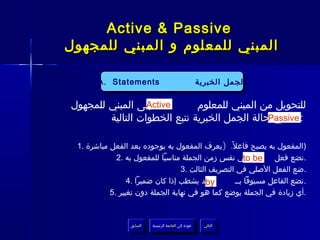 ‫‪Active & Passive‬‬
‫المبني للمعلوم و المبني للمجهول‬

       ‫‪A. Statements‬‬
       ‫‪A. Statements‬‬                                     ‫الجمل الخبرية‬
                                                          ‫الجمل الخبرية‬

‫إلى المبني للمجهول‬‫‪Active‬‬      ‫للتحويل من المبني للمعلوم‬
        ‫: ‪Passive‬حالة الجمل الخبرية نتبع الخطوات التالية‬
                                                ‫في‬

 ‫)المفعول به يصبح فاعل ً. )يعرف المفعول به بوجوده بعد الفعل مباشرة .1‬
             ‫‪ be‬في نفس زمن الجملة مناسبا للمفعول به .2‬ ‫‪to‬‬      ‫.نضع فعل‬
                                  ‫.ضع الفعل الصلي في التصريف الثالث .3‬
                 ‫وقد يشطب إذا كان ضميرا .4‬ ‫‪by‬‬      ‫.نضع الفاعل مسبوقا بــ‬
           ‫.أي زيادة في الجملة يوضع كما هو في نهاية الجملة دون تغيير .5‬


                 ‫السابق‬    ‫عودة إلى القائمة الرئيسية‬       ‫التالي‬
                  ‫السابق‬     ‫عودة إلى القائمة الرئيسية‬      ‫التالي‬
 