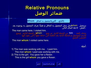 ‫‪Relative Pronouns‬‬
                   ‫ضمائر الوصل‬
                 ‫‪Whom‬‬
                 ‫‪Whom‬‬      ‫التي] المفعول به العاقل‬
                            ‫التي] المفعول به العاقل‬                 ‫] ] الذي،‬
                                                                     ‫الذي،‬
‫تستعمل ‪whom‬لتحل محل المفعول به العاقل و طبعا نعرف المفعول به بوجوده بعد‬
                                                          ‫:الفعل. لحظ المثال التالي‬
‫.‪The man came here. I visited him‬‬
                          ‫‪whom‬‬
    ‫أول الجملة الثانية، ونضع‬          ‫‪ him‬من الجملة الثانية ثم نضع‬        ‫نحذف كلمة‬
         ‫السم الموصول و الجملة الثانية بعد الكلمة التي حذفنا مثلها )التي يعود إليها‬
                                                                       ‫:الضمير( فتصبح‬
‫.‪The man whom I visited came here‬‬

                                                                                ‫:أمثلة‬
‫.‪1) The man was working with me. I paid him‬‬
    ‫.‪The man whom I paid was working with me‬‬
‫.‪2) This is the girl. You gave her a flower‬‬
    ‫.‪This is the girl whom you gave a flower‬‬

                            ‫السابق‬    ‫عودة إلى القائمة الرئيسية‬     ‫التالي‬
                             ‫السابق‬     ‫عودة إلى القائمة الرئيسية‬    ‫التالي‬
 
