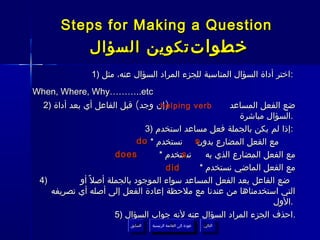 ‫‪Steps for Making a Question‬‬
              ‫خطوات تكوين السؤال‬
               ‫: اختر أداة السؤال المناسبة للجزء المراد السؤال عنه، مثل )1‬
‫‪When, Where, Why………..etc‬‬
 ‫)إن وجد( قبل الفاعل أي بعد أداة )2‬
                                 ‫‪helping verb‬‬         ‫ضع الفعل المساعد‬
                                                        ‫.السؤال مباشرة‬
                               ‫:إذا لم يكن بالجملة فعل مساعد استخدم )3‬
                             ‫‪ s‬نستخدم * ‪do‬‬  ‫مع الفعل المضارع بدون‬
                      ‫‪does‬‬               ‫‪s‬‬
                                   ‫نستخدم *‬    ‫مع الفعل المضارع الذي به‬
                                     ‫‪did‬‬     ‫مع الفعل الماضي نستخدم *‬
 ‫)4‬        ‫ضع الفاعل بعد الفعل المساعد سواء الموجود بالجملة أصل ً أو‬
    ‫التي استخدمناها من عندنا مع ملحظة إعادة الفعل إلى أصله أي تصريفه‬
                                                                 ‫.الول‬
                      ‫.احذف الجزء المراد السؤال عنه لنه جواب السؤال )5‬
                          ‫السابق‬    ‫عودة إلى القائمة الرئيسية‬     ‫التالي‬
                           ‫السابق‬     ‫عودة إلى القائمة الرئيسية‬    ‫التالي‬
 