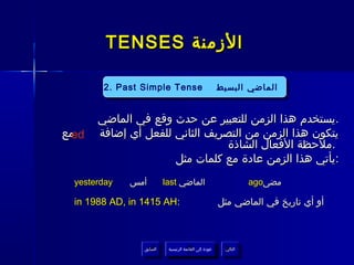 ‫الزمنة ‪TENSES‬‬
                   ‫‪P ast Si mple T ense‬‬    ‫الماضي الب سيط‬



       ‫‪2. Past Simple Tense‬‬                               ‫الماضي البسيط‬


      ‫.يستخدم هذا الزمن للتعبير عن حدث وقع في الماضي‬
‫مع‬
 ‫‪ed‬‬   ‫يتكون هذا الزمن من التصريف الثاني للفعل أي إضافة‬
                                ‫.ملحظة الفعال الشاذة‬
                     ‫:يأتي هذا الزمن عادة مع كلمات مثل‬
 ‫‪yesterday‬‬   ‫أمس‬          ‫الماضي ‪last‬‬                                 ‫مضى‪ago‬‬

 ‫:‪in 1988 AD, in 1415 AH‬‬                                  ‫أو أي تاريخ في الماضي مثل‬



                ‫السابق‬      ‫عودة إلى القائمة الرئيسية‬       ‫التالي‬
                 ‫السابق‬       ‫عودة إلى القائمة الرئيسية‬      ‫التالي‬
 
