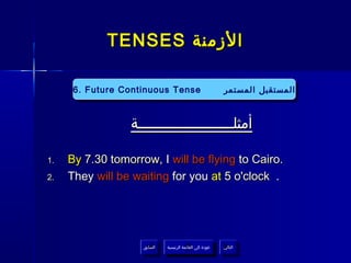 ‫الزمنة ‪TENSES‬‬

      ‫‪6. Future Continuous Tense‬‬
       ‫‪6. Future Continuous Tense‬‬                           ‫المستقبل المستمر‬
                                                             ‫المستقبل المستمر‬


                 ‫أمثلــــــــــــــــــــــة‬

‫.1‬   ‫.‪By 7.30 tomorrow, I will be flying to Cairo‬‬
‫.2‬   ‫. ‪They will be waiting for you at 5 o'clock‬‬




                    ‫السابق‬    ‫عودة إلى القائمة الرئيسية‬     ‫التالي‬
                     ‫السابق‬     ‫عودة إلى القائمة الرئيسية‬    ‫التالي‬
 