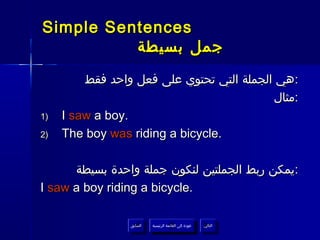 ‫‪Simple Sentences‬‬
          ‫جمل بسيطة‬
         ‫:هي الجملة التي تحتوي على فعل واحد فقط‬
                                            ‫:مثال‬
‫)1‬   ‫.‪I saw a boy‬‬
‫)2‬   ‫.‪The boy was riding a bicycle‬‬

      ‫:يمكن ربط الجملتين لنكون جملة واحدة بسيطة‬
‫.‪I saw a boy riding a bicycle‬‬

                 ‫السابق‬    ‫عودة إلى القائمة الرئيسية‬     ‫التالي‬
                  ‫السابق‬     ‫عودة إلى القائمة الرئيسية‬    ‫التالي‬
 
