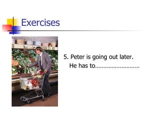 Exercises 5. Peter is going out later. He has to……………………… 