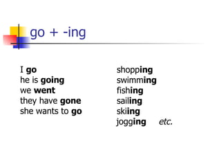 go + -ing I  go he is  going we  went they have  gone she wants to  go shopp ing swimm ing fish ing sail ing ski ing jogg ing  etc. 
