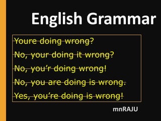 English Grammar
mnRAJU
Youre doing wrong?
No, your doing it wrong?
No, you’r doing wrong!
No, you are doing is wrong.
Yes, you’re doing is wrong!
 