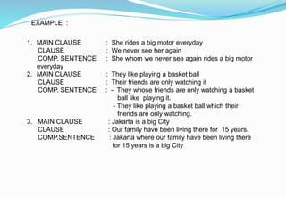 EXAMPLE :
1. MAIN CLAUSE : She rides a big motor everyday
CLAUSE : We never see her again
COMP. SENTENCE : She whom we never see again rides a big motor
everyday
2. MAIN CLAUSE : They like playing a basket ball
CLAUSE : Their friends are only watching it
COMP. SENTENCE : - They whose friends are only watching a basket
ball like playing it.
- They like playing a basket ball which their
friends are only watching.
3. MAIN CLAUSE : Jakarta is a big City
CLAUSE : Our family have been living there for 15 years.
COMP.SENTENCE : Jakarta where our family have been living there
for 15 years is a big City
 