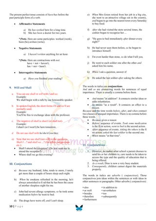 10 | P a g e
The present perfect tense consists of have/has before the
past participle form of a verb.
 Affirmative Statements
a) He has worked here for a long time.
b) She has been a doctor for two years.
*)Note. Here are some participles: worked (work),
been (be),written (write).
 Negative Statements
a) I haven′t written anything for an hour.
*)Note. Here are contractions with not:
have + not = haven′t;
has + not = hasn′t.
 Interrogative Statements
a) Have you finished your reading?
9. Will and Shall
a. You can use shall or will with I and we.
Example:
We shall begin with a talk by our honourable speaker.
b. In spoken English, the short forms I'll and we'll are
normally used.
Example:
You'll be free to exchange ideas with the professor.
c. The negative of shall is shan't (or shall not).
Example:
I shan't (or I won't) be here tomorrow.
d. Do not use shall with he/she/it/you/they.
e) Note that we use shall (not will) in the questions.
Shall I ...? and shall we ...? (for offers, suggestions
etc.):
 Shall I attend the reception? (Do you want me to
attend the reception?)
 Where shall we go this evening?
10. Conjunctions
a) Because my husband, John, tends to snore, I rarely
get more than a couple of hours sleep each night.
b) When he awakens refreshed in the morning, he's
always astonished to fi nd that he has been the cause
of another sleepless night for me.
c) John had severe allergy symptoms, so he took some
medication before he went to bed.
d) The drugs have worn off, and I can't sleep.
e) When Mrs Green retired from her job in a big city,
she went to an attractive village out in the country,
and began to go into the nearest town every Saturday
to buy food.
f) After she had visited the store several times, the
cashier began to recognise her ...
.
g) "He goes to bed immediately after dinner every
night?"
h) He had never seen them before, so he began to
introduce himself.
i) I'm even harder than stone, so do what I tell you.
j) He went to each soldier one after the other and
asked him his name.
k) When I ask a question, answer it!
l) He asked the last soldier after asking the others.
The words in italics are conjunctions.
And and so are connecting words for sentences of equal
importance. There is usually a comma before them.
 And means "in addition". It connects similar ideas or
adds information.
 So means "as a result". It connects an effect to a
reason.
Because and the time words before, after, and when connect
two clauses of unequal importance. There is no comma before
these words.
 Because gives a reason
 Before: sequence of events. Took some medication
is the fi rst action, went to bed is the second action.
 After: sequence of events. Asking the others is the fi
rst action, asked the last soldier is the second one.
 When means "at that time".
11. Conjunctives
1. However, no matter what school a parent chooses to
send his or her children to, care needs to be taken to
access the type and the quality of education that is
being offered.
2. As a result, Dino is now a very busy student.
3. Consequently, children cannot digest the materials
properly.
The words in italics are adverbs ( conjunctives). Those
conjunctives join ideas within the sentences or with ideas in
other sentences or paragraphs. Other adverbs ( conjunctives):
• also • in addition to
• as well • nevertheless
• besides • too
• therefore • subsequently
• furthermore
 