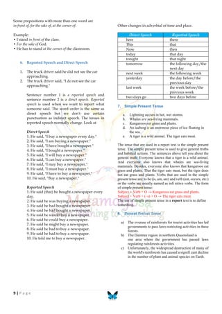 9 | P a g e
Some prepositions with more than one word are
in front of, for the sake of, at the corner of.
Example:
• I stand in front of the class.
• For the sake of God.
• He has to stand at the corner of the classroom.
6. Reported Speech and Direct Speech
1. The truck driver said he did not see the car
approaching.
2. The truck driver said, "I do not see the car
approaching."
Sentence number 1 is a reported speech and
sentence number 2 is a direct speech. Reported
speech is used when we want to report what
someone said. The word order is the same as
direct speech but we don't use certain
punctuation as indirect speech. The tenses in
reported speech normally change. Look at
Direct Speech
1. He said, "I buy a newspaper every day."
2. He said, "I am buying a newspaper."
3. He said, "I have bought a newspaper."
4. He said, "I bought a newspaper."
5. He said, "I will buy a newspaper."
6. He said, "I can buy a newspaper."
7. He said, "I may buy a newspaper."
8. He said, "I must buy a newspaper."
9. He said, "I have to buy a newspaper."
10. He said, "Buy a newspaper."
Reported Speech
1. He said (that) he bought a newspaper every
day.
2. He said he was buying a newspaper.
3. He said he had bought a newspaper.
4. He said he had bought a newspaper.
5. He said he would buy a newspaper.
6. He said he could buy a newspaper.
7. He said he might buy a newspaper.
8. He said he had to buy a newspaper.
9. He said he had to buy a newspaper.
10. He told me to buy a newspaper.
Other changes in adverbial of time and place.
Direct Speech Reported Speech
here there
This that
Now then
today that day
tonight that night
tomorrow the following day/the
next day
next week the following week
yesterday the day before/the
previous day
last week the week before/the
previous week
two days go two days before
7. Simple Present Tense
a. Lightning occurs in hot, wet storms.
b. Whales are sea-living mammals.
c. Kangaroos eat grass and plants.
d. An iceberg is an enormous piece of ice floating in
the sea.
e. A tiger is a wild animal. The tiger eats meat.
The tense that are used in a report text is the simple present
tense. The simple present tense is used to give general truths
and habitual actions. The sentences above tell you about the
general truth: Everyone knows that a tiger is a wild animal.
And everyone also knows that whales are sea-living
mammals. Besides, everyone also knows that kangaroos eat
grass and plants. That the tiger eats meat, but the tiger does
not eat grass and plants. Verbs that are used in the simple
present tense are: to be (is, am, are) and verb (eat, occurs, etc.)
or the verbs are usually named as infi nitive verbs. The form
of simple present tense:
Subject + Verb + O → Kangaroos eat grass and plants.
Subject + Verb + (–s) + O → The tiger eats meat.
The use of simple present tense in a report text is to define
something.
8. Present Perfect Tense
a) The overuse of rainforests for tourist activities has led
governments to pass laws restricting activities in these
forests.
b) The Daintree region in northern Queensland is
one area where the government has passed laws
regulating rainforests activities.
c) Unfortunately, the widespread destruction of many of
the world's rainforests has caused a signifi cant decline
in the number of plant and animal species on Earth.
 