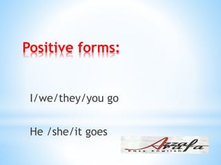 I/we/they/you go
He /she/it goes
Positive forms:
 