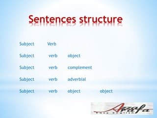Sentences structure
Subject Verb
Subject verb object
Subject verb complement
Subject verb adverbial
Subject verb object object
 