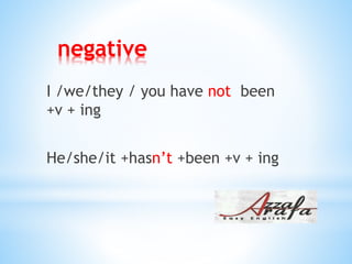 negative
I /we/they / you have not been
+v + ing
He/she/it +hasn’t +been +v + ing
 